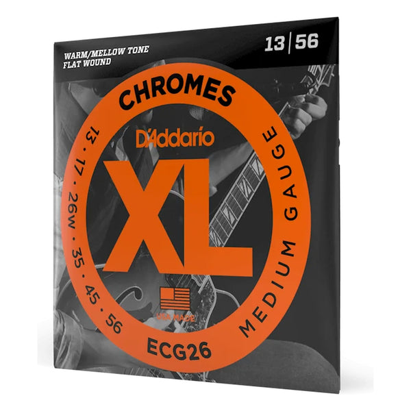 D'Addario ECG26 XL Chromes Flat Wound Electric Guitar Strings, Medium 13-56