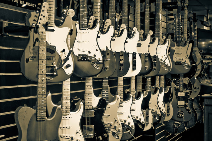 Stratocasters on the wall at Lauzon Music