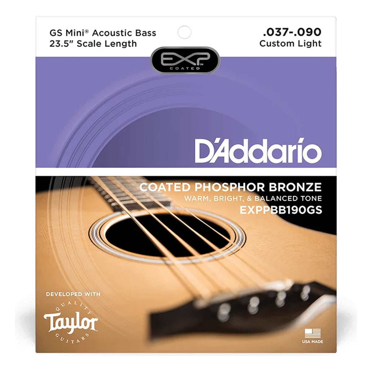 D'Addario EXPPBB190GS EXP Coated Phosphor Bronze Acoustic Bass Strings, Taylor GS Mini, 37-90