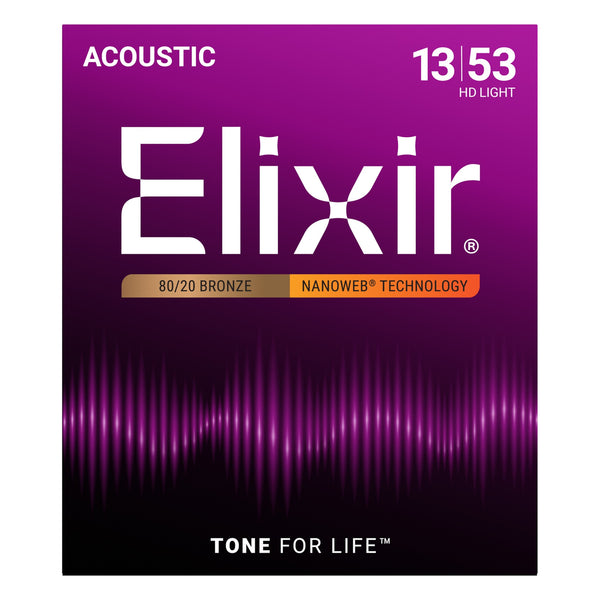 Elixir 11182 80/20 Bronze Acoustic Guitar Strings with NANOWEB Coating, HD Light 13-53