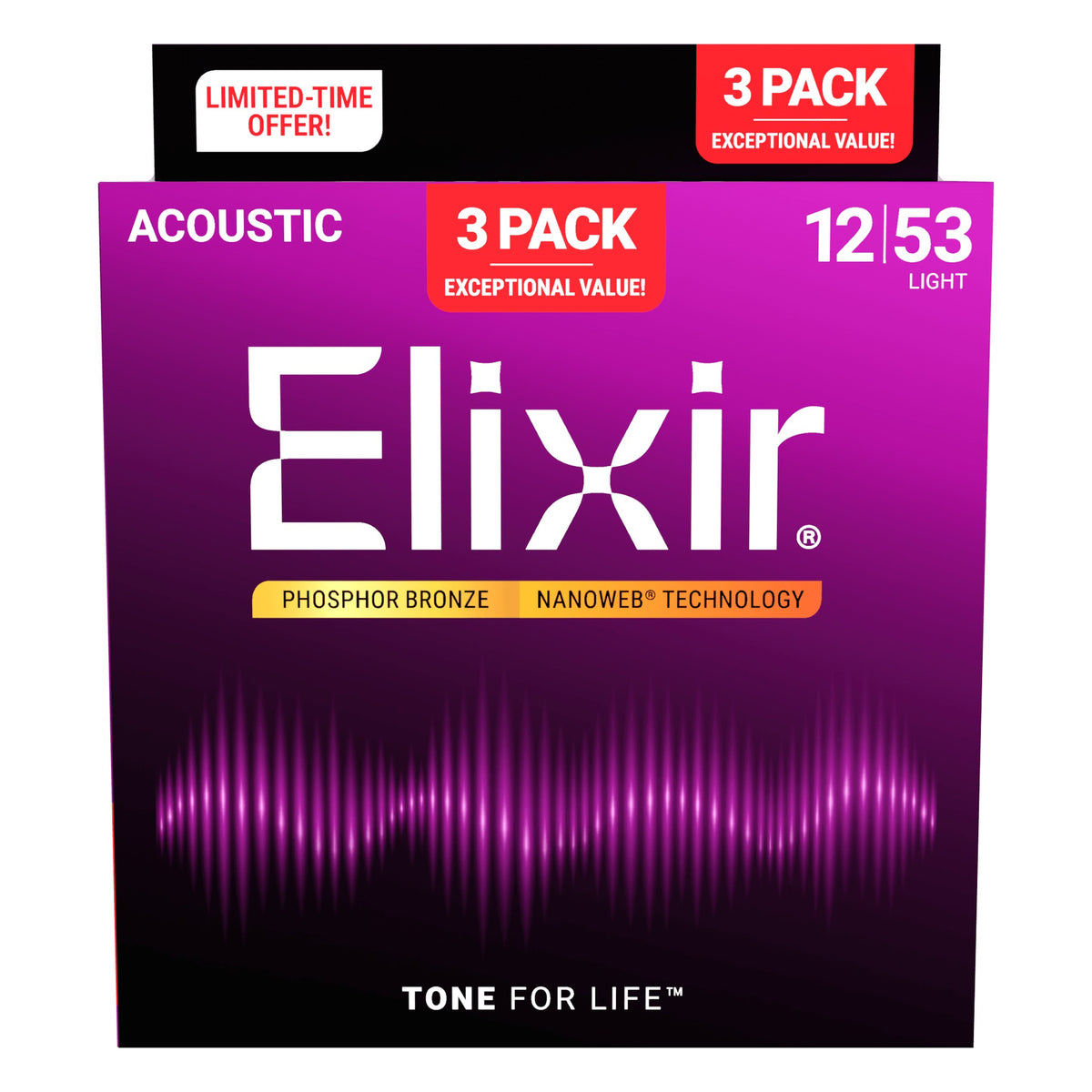Elixir Phosphor Bronze Acoustic Guitar Strings with NANOWEB Coating, Light 12-53, 3-Pack