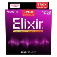Elixir Phosphor Bronze Acoustic Guitar Strings with NANOWEB Coating, Light 12-53, 3-Pack