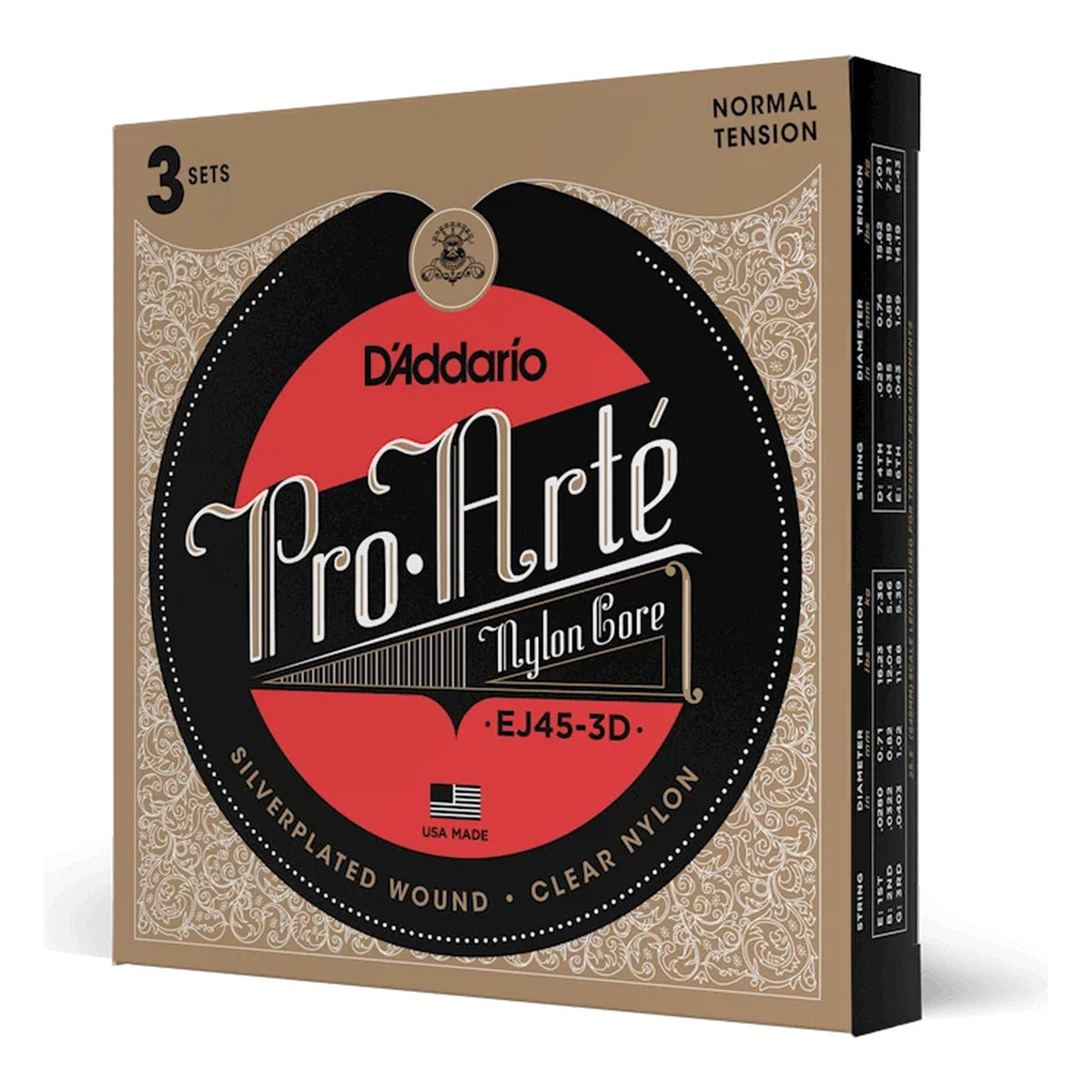 D'Addario EJ45 Pro-Arte Nylon Classical Guitar Strings, Normal Tension, 3-Pack