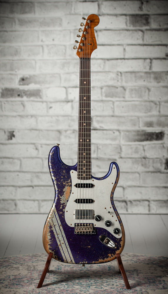 Fender '61 Strat HSS Super Heavy Relic Purple Sparkle w/ Silver Sparkle Competition Stripe #R143442