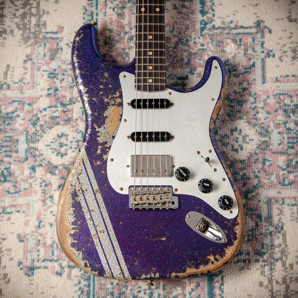 Fender '61 Strat HSS Super Heavy Relic Purple Sparkle w/ Silver Sparkle Competition Stripe #R143442
