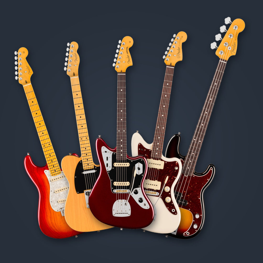 Fender American Professional Jaguar in Oxblood with the Stratocaster, Telecaster, Jazzmaster and Precision Bass