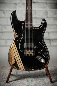 Fender 1967 Strat HSS Heavy Relic Black w/ Desert Sand Competition Stripe #R149095