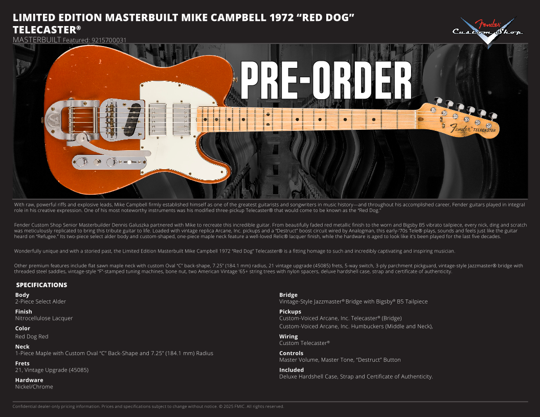 *PRE-ORDER* FENDER LIMITED EDITION MASTER BUILT MIKE CAMPBELL RED DOG TELECASTER® Master Built by Dennis Galuszka