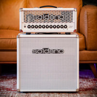 Soldano Astro-20 head in white tolex on its matching white 1x12 cabinet