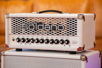 Soldano Astro-20 white tolex head, three-quarter view showing chrome corners
