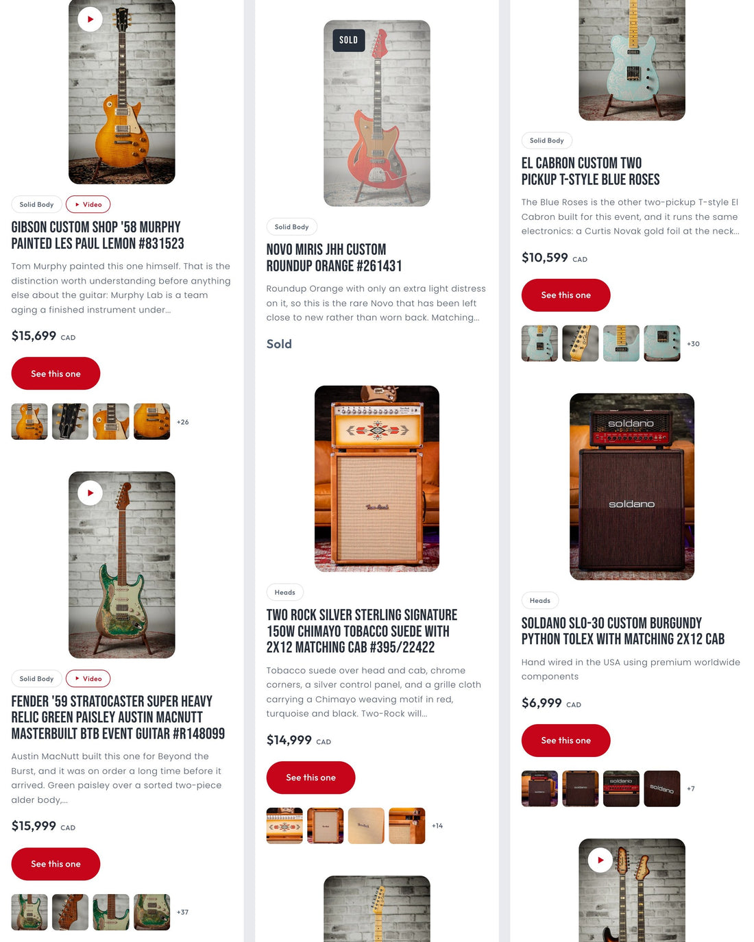 The Beyond the Burst drop page, dozens of one-of-a-kind guitars and amps on one page